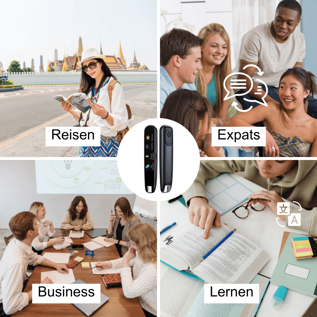 Collage di immagini con temi di viaggio, expat, business e apprendimento, evidenziando un traduttore portatile. Perfetto per viaggiatori e professionisti.