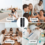 Collage di immagini con temi di viaggio, expat, business e apprendimento, evidenziando un traduttore portatile. Perfetto per viaggiatori e professionisti.