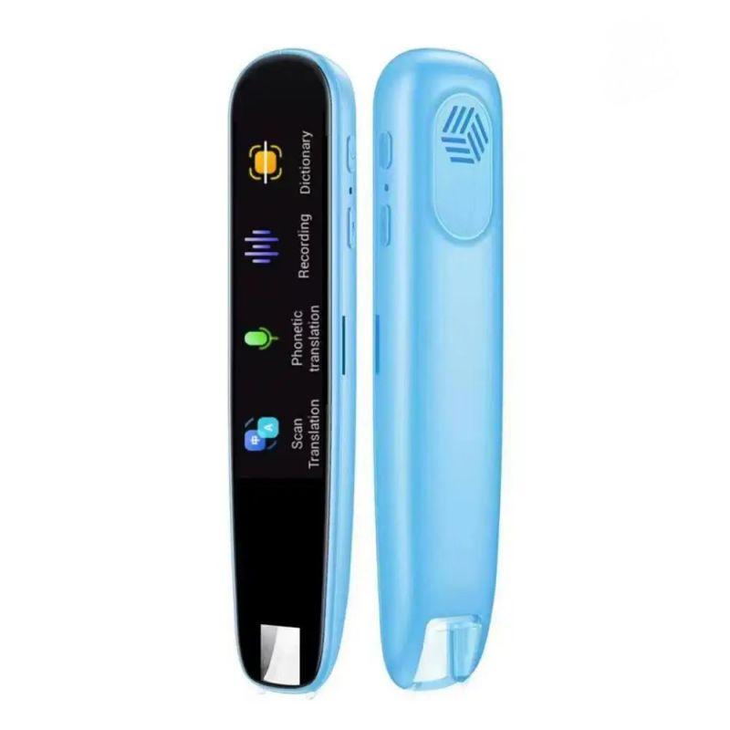 Penna traduttore elettronico blu con schermo digitale, funzioni di traduzione vocale e scansione testo. Dispositivo portatile per lingue.