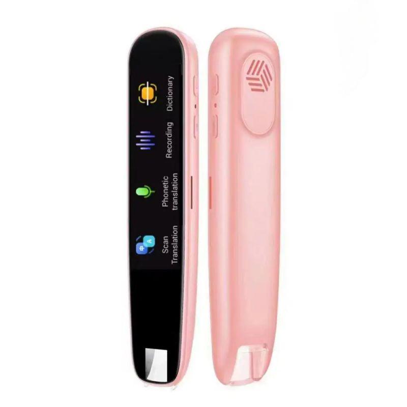 Penna traduttore elettronico rosa con schermo touch, funzioni di traduzione vocale e scansione testo. Dispositivo portatile per lingue.