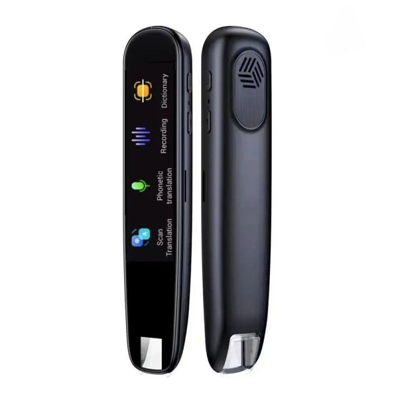 Penna traduttore vocale portatile nera con schermo a colori, funzioni di traduzione, registrazione e dizionario. Dispositivo elettronico compatto e multifunzione.