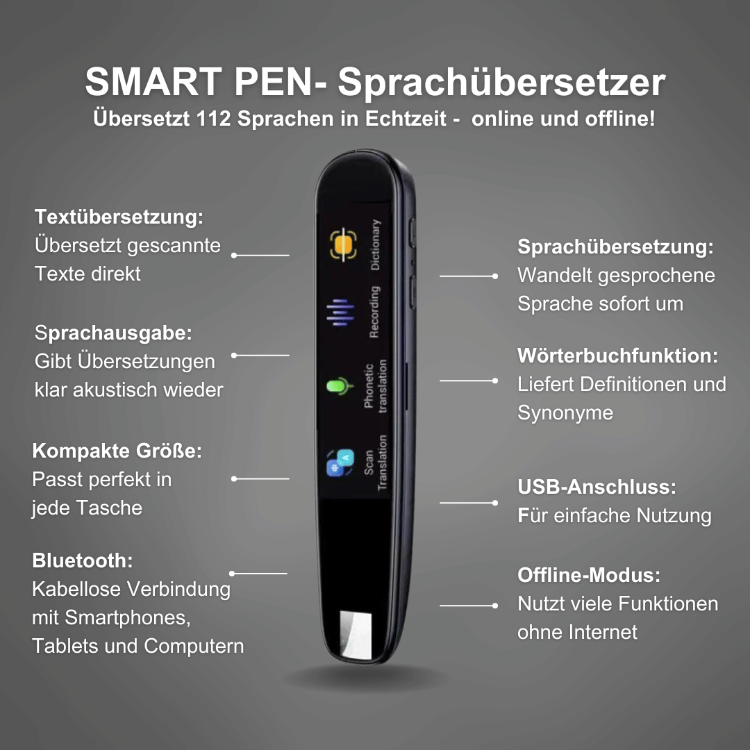 Penna traduttore SMART PEN, traduce 112 lingue in tempo reale. Funzioni: traduzione vocale, dizionario, Bluetooth, USB, modalità offline.