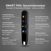 Penna traduttore SMART PEN, traduce 112 lingue in tempo reale. Funzioni: traduzione vocale, dizionario, Bluetooth, USB, modalità offline.