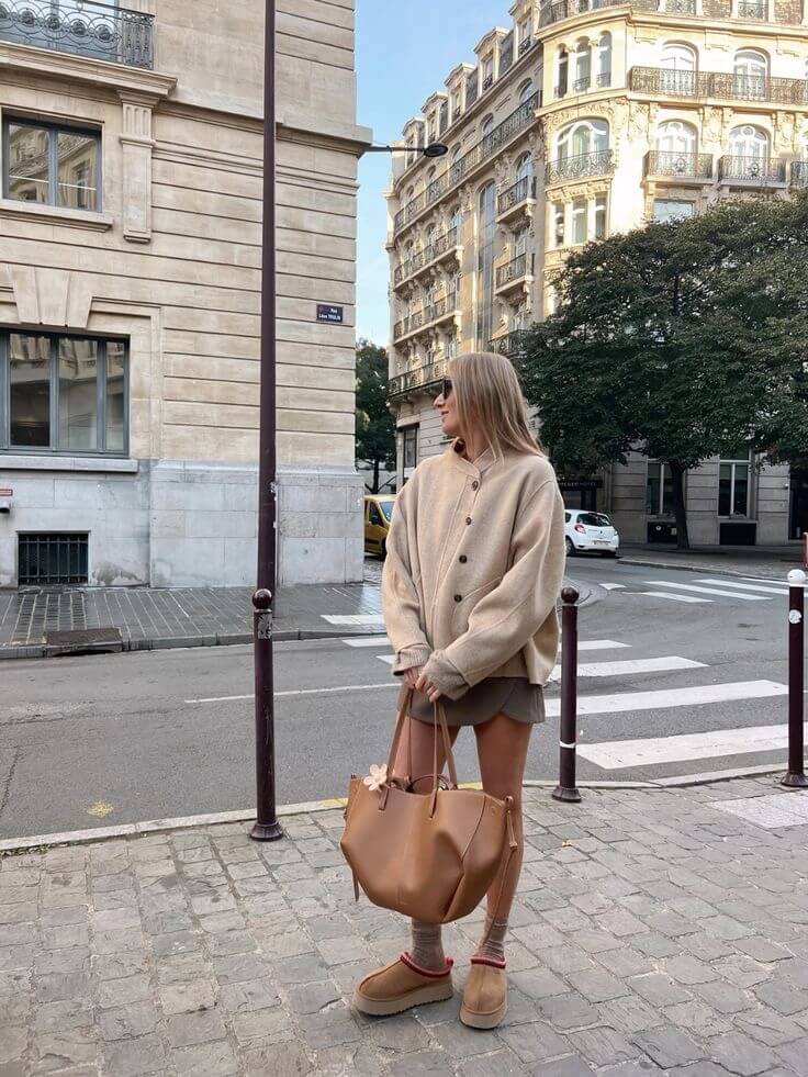 Donna con cardigan beige e borsa marrone in strada cittadina, moda autunnale, abbigliamento casual chic, edifici storici sullo sfondo.