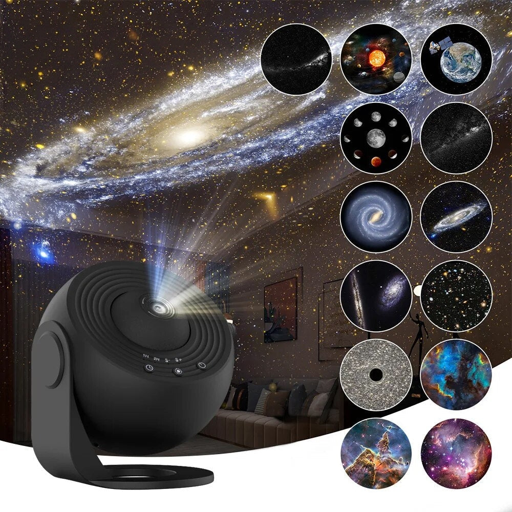 Proiettore stelle e galassie LED, design moderno nero, effetti luminosi spaziali, ideale per decorazioni casa, camera bambini, atmosfera rilassante.