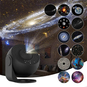 Proiettore stelle e galassie LED, design moderno nero, effetti luminosi spaziali, ideale per decorazioni casa, camera bambini, atmosfera rilassante.