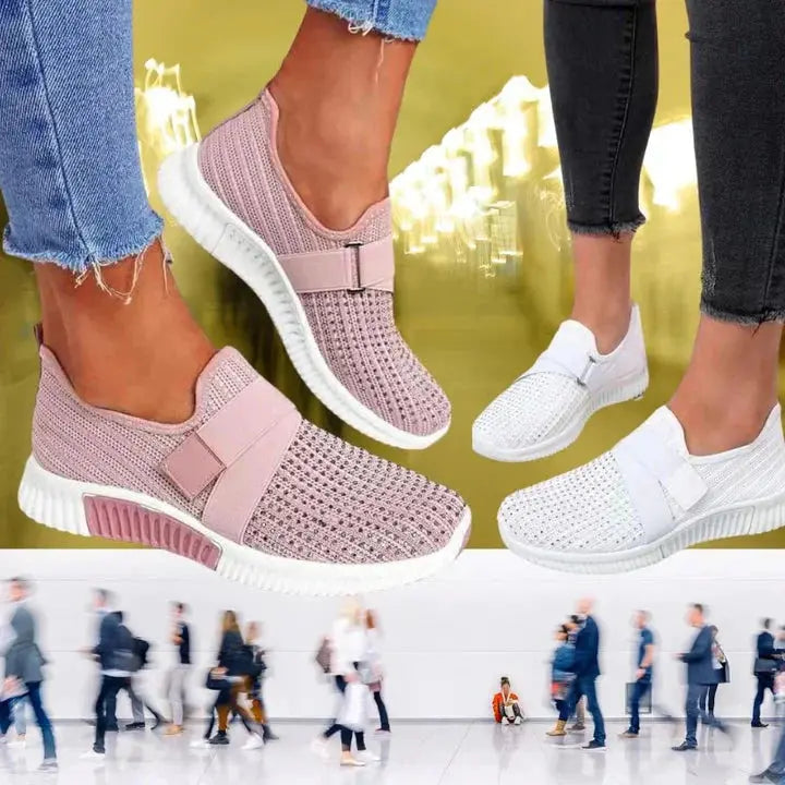 Scarpe da ginnastica casual donna, rosa e bianche, con suola antiscivolo, tessuto traspirante, ideali per passeggiate e attività quotidiane.
