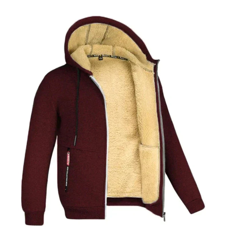 Giacca con cappuccio invernale bordeaux, interno in pelliccia sintetica beige, zip frontale, tasche laterali. Abbigliamento caldo e casual uomo.