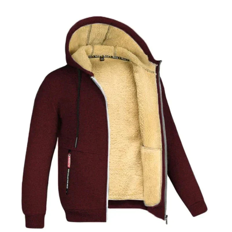 Felpa con cappuccio bordeaux, interno in pelliccia sintetica beige, zip frontale, tasche laterali, ideale per l'inverno. Moda uomo casual.