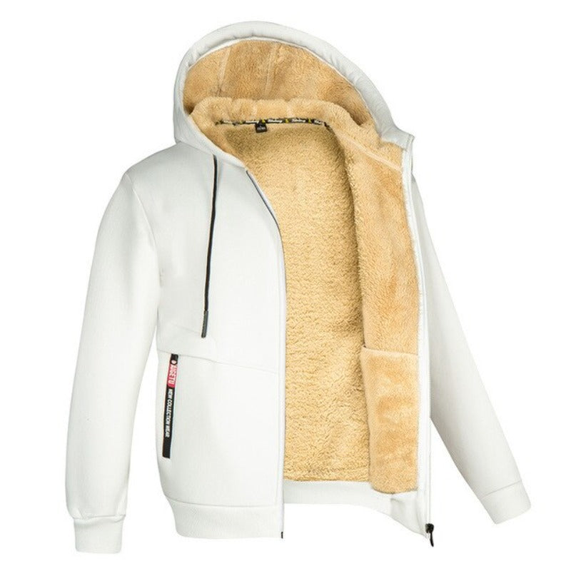 Giacca invernale bianca con cappuccio, interno in pelliccia sintetica beige, zip frontale, tasche laterali. Abbigliamento caldo e alla moda.