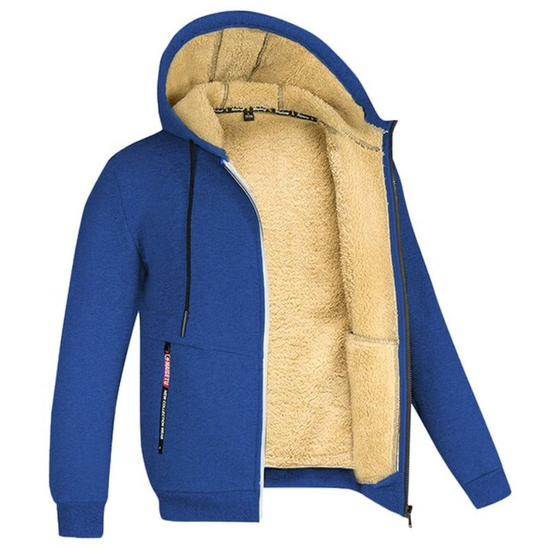 Felpa con cappuccio blu, interno in pile beige, zip frontale, tasche laterali con cerniera, ideale per l'inverno. Abbigliamento casual caldo.