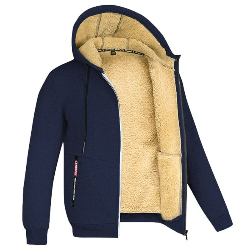 Felpa con cappuccio blu scuro, interno in pelliccia sintetica beige, zip frontale, tasche laterali con cerniera. Abbigliamento invernale caldo e casual.