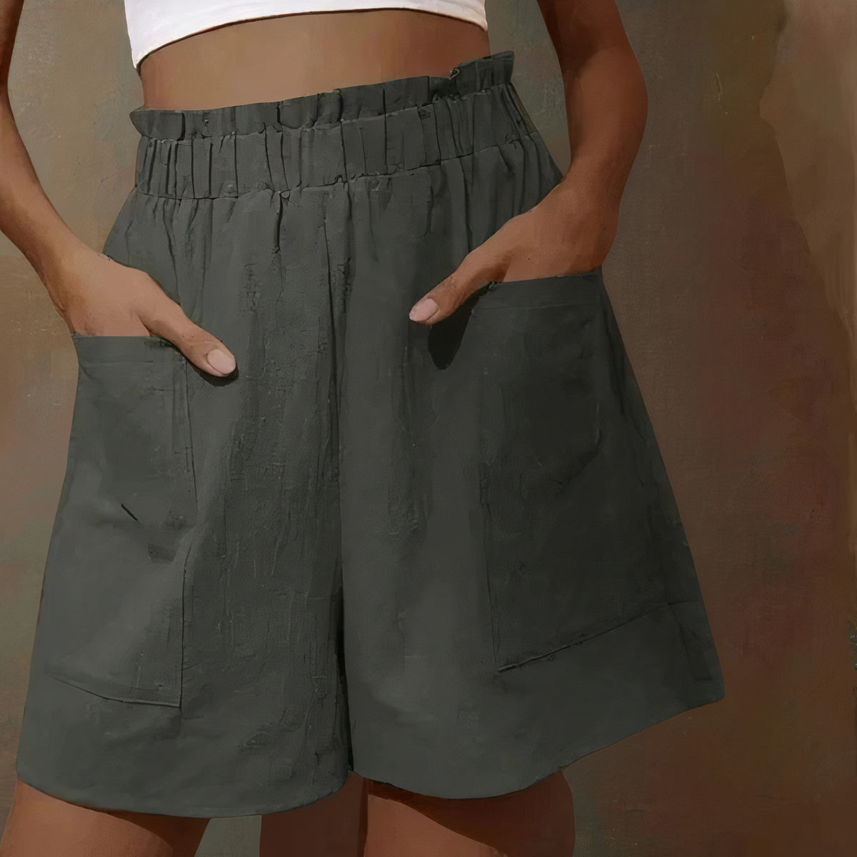 Shorts neri da donna con tasche, vita alta elasticizzata, tessuto leggero. Ideali per l'estate, moda casual, abbigliamento comodo.