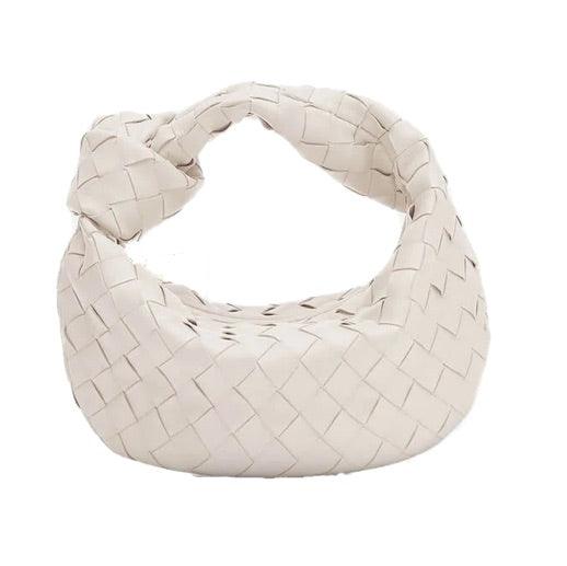 Borsa a spalla intrecciata in pelle bianca, design moderno, accessorio moda donna, elegante e versatile, perfetta per ogni occasione.