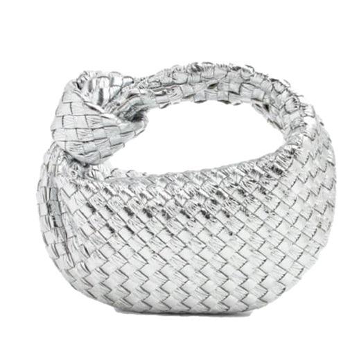 Borsa a mano intrecciata argento, design moderno, accessorio moda donna, elegante e chic, perfetta per eventi serali e occasioni speciali.