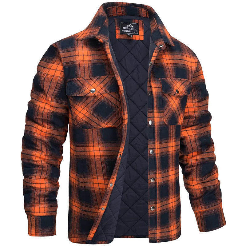 Camicia a quadri arancione e nera da uomo, foderata, con bottoni a pressione, tasche frontali, ideale per l'autunno e l'inverno.