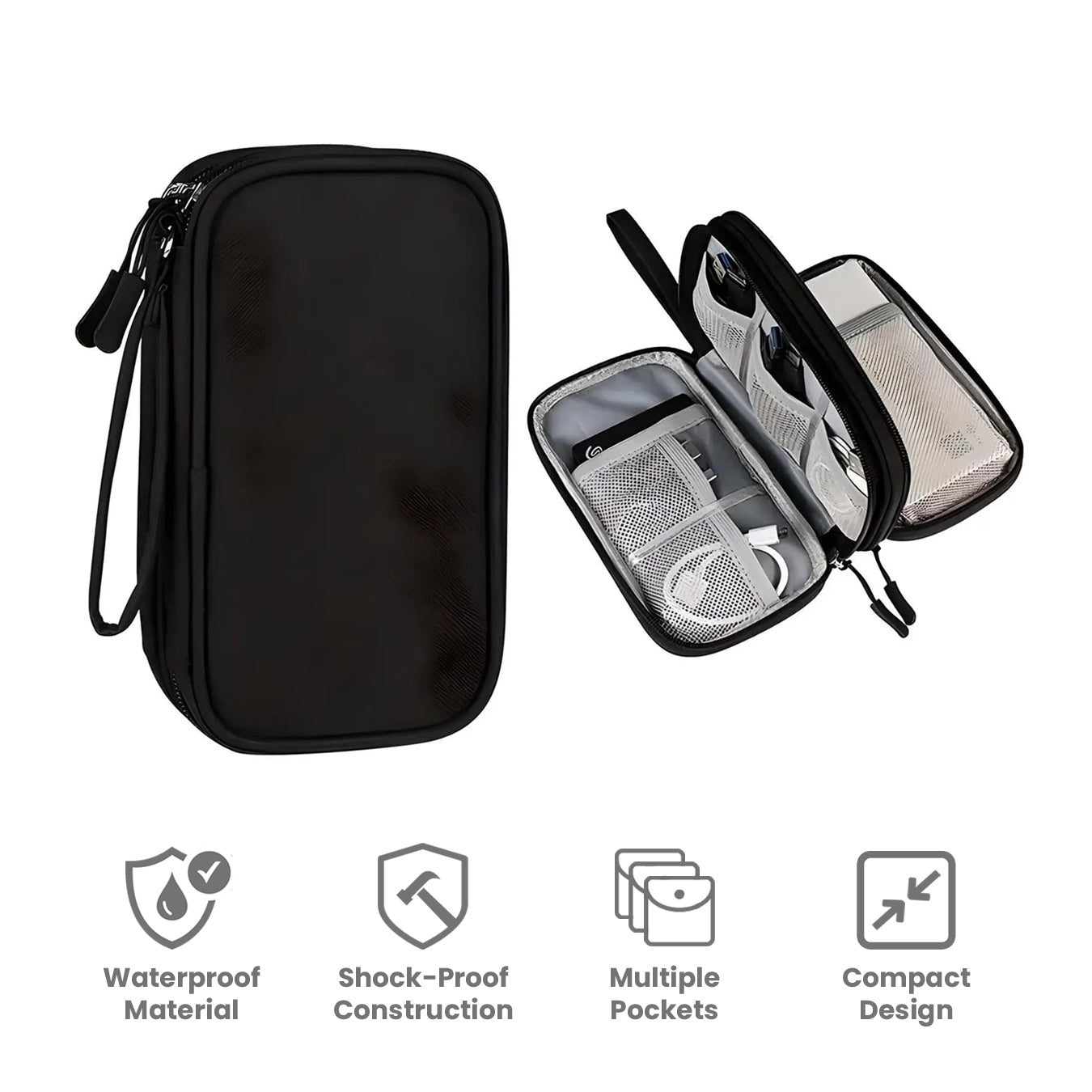 Custodia organizer nera impermeabile, antiurto, con design compatto e tasche multiple per cavi e accessori elettronici. Ideale per viaggi.