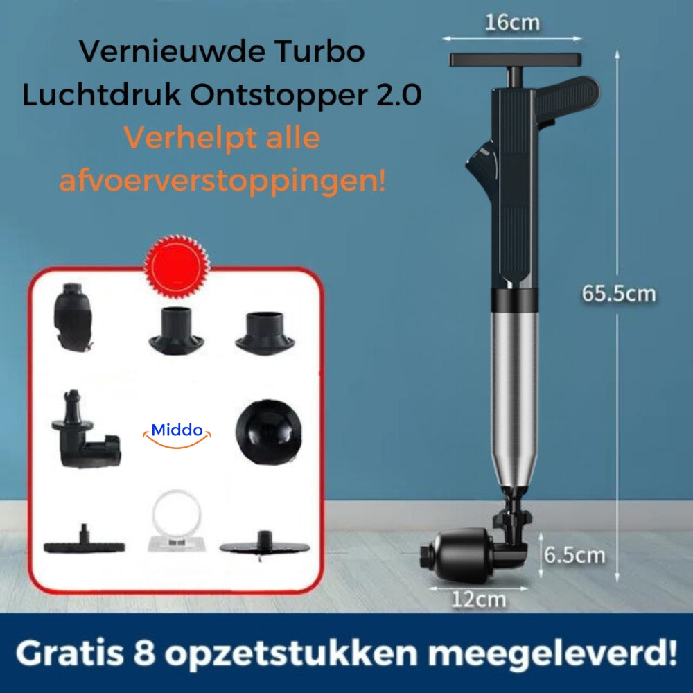 Pompa sturalavandini a pressione Turbo 2.0 con 8 accessori inclusi, ideale per sturare scarichi. Dimensioni: 65,5 cm altezza, 16 cm larghezza.