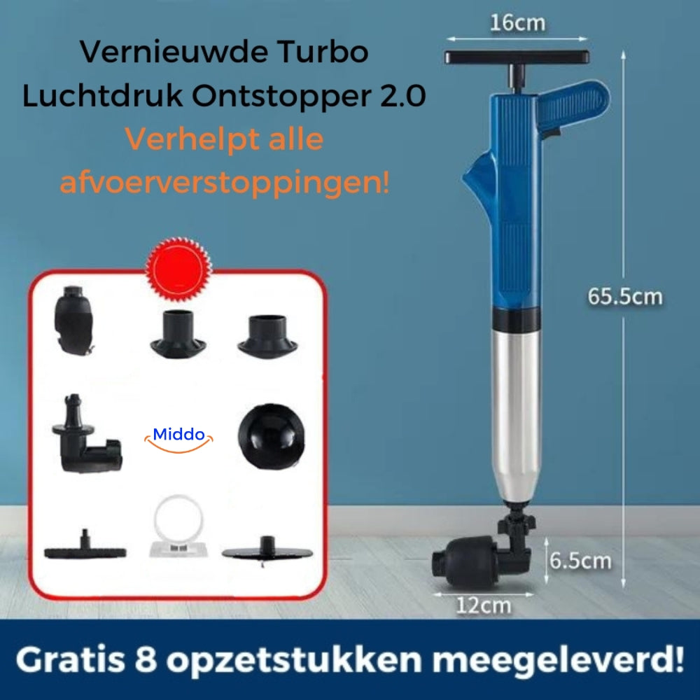 Pompa sturalavandini turbo con accessori, 65.5 cm, manico ergonomico, ideale per sturare scarichi. Include 8 adattatori. Consegna gratuita.