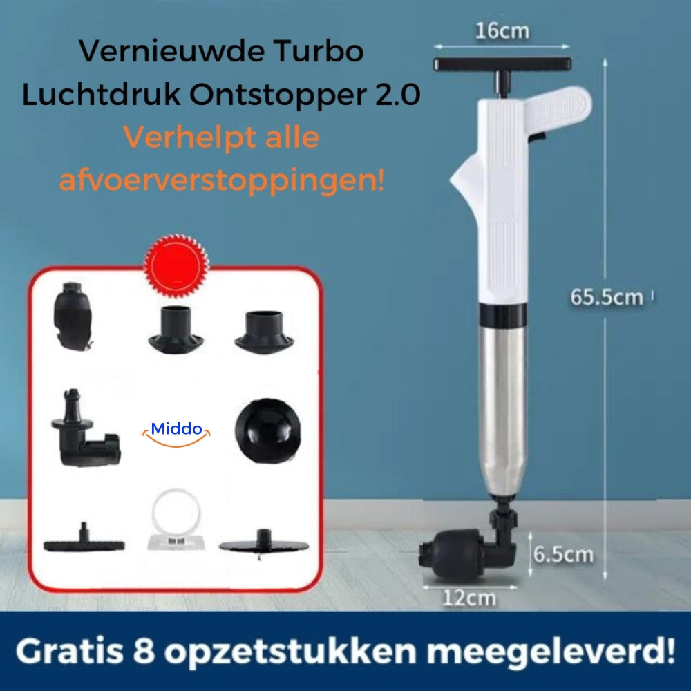 Pompa sturalavandini turbo con accessori, 8 pezzi inclusi. Strumento per sturare tubature, pressione regolabile, design ergonomico, facile da usare.
