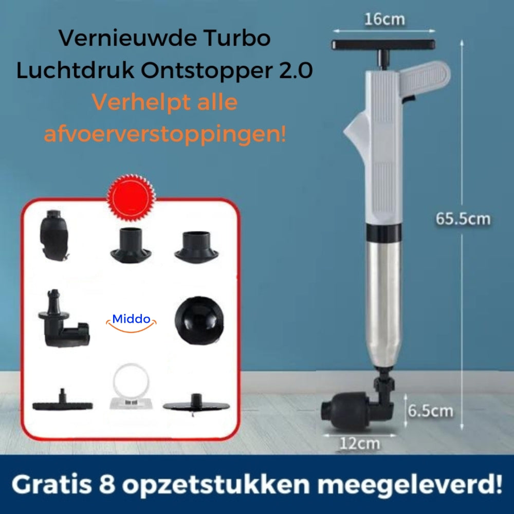 Pompa sturalavandini a pressione con 8 accessori inclusi, lunghezza 65,5 cm, larghezza 16 cm. Ideale per sturare scarichi e tubature.