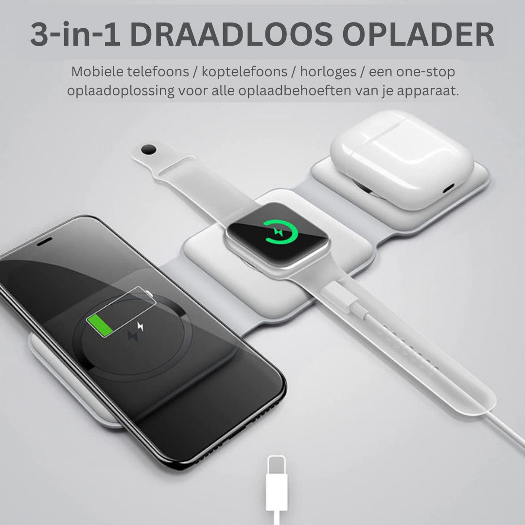 Caricatore wireless 3-in-1 per smartphone, auricolari e smartwatch, design compatto e moderno, ricarica simultanea, accessorio tecnologico essenziale.