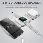 Caricatore wireless 3-in-1 per smartphone, auricolari e smartwatch, design compatto e moderno, ricarica simultanea, accessorio tecnologico essenziale.
