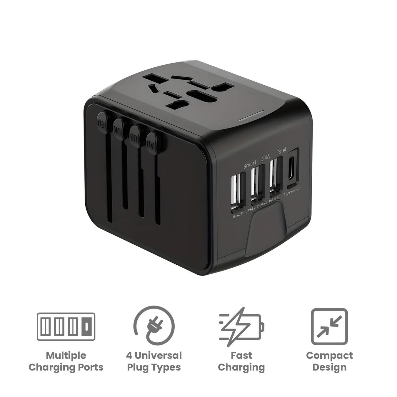 Adattatore universale da viaggio nero con porte USB multiple, compatibile con 4 tipi di prese, ricarica veloce, design compatto.