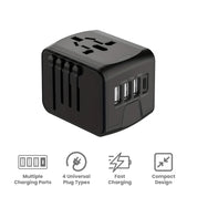 Adattatore universale da viaggio nero con porte USB multiple, compatibile con 4 tipi di prese, ricarica veloce, design compatto.