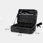 Custodia organizer nera per fotocamera, dimensioni 38x27x10 cm, con scomparti regolabili e tasche interne, ideale per accessori fotografici.