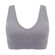 Reggiseno sportivo grigio senza cuciture, design a V, tessuto traspirante, supporto medio, ideale per fitness e yoga.