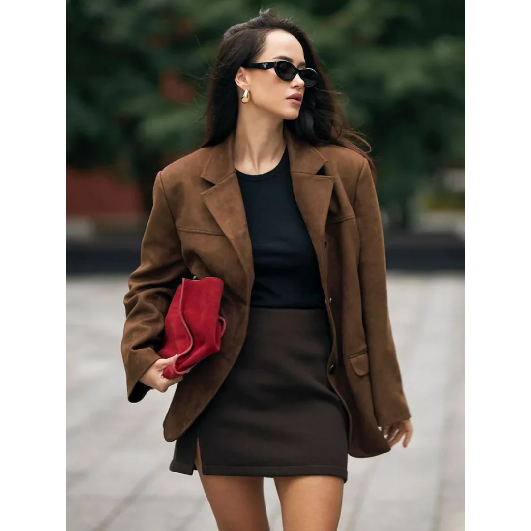 Donna con giacca marrone, occhiali da sole e borsa rossa. Moda autunnale elegante, abbigliamento casual chic, tendenze street style.