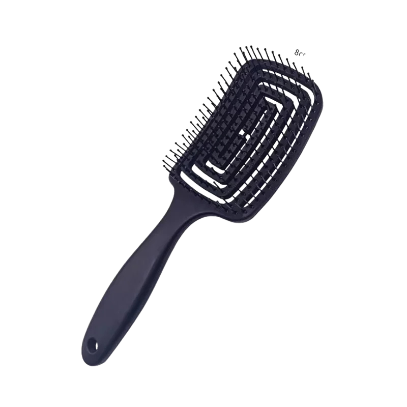 Spazzola per capelli nera con setole flessibili, design ventilato per asciugatura rapida, manico ergonomico. Ideale per districare e styling.