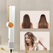 Piastra per capelli bianca con manopola arancione, mostra risultati liscianti su capelli crespi. Donna utilizza la piastra. Strumento styling capelli.