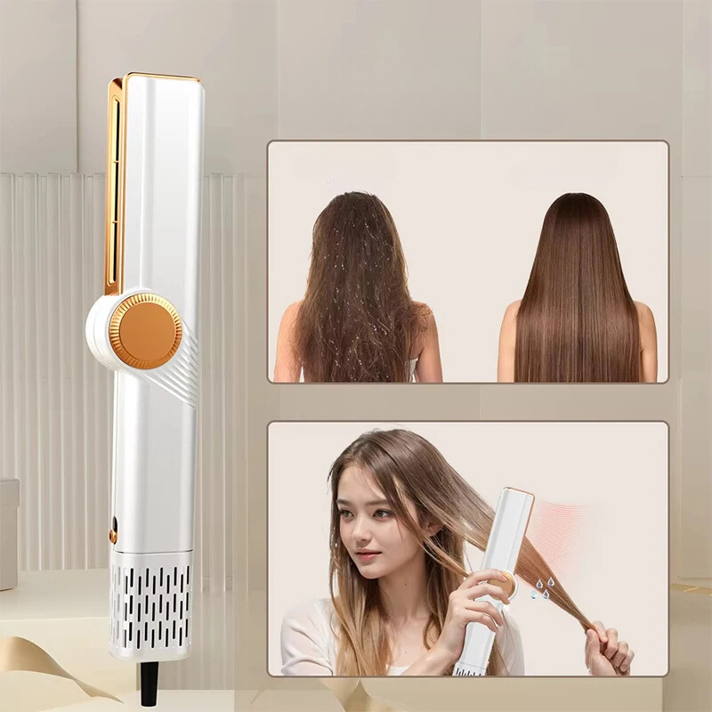 Piastra per capelli bianca con manopola arancione, mostra risultati liscianti su capelli crespi. Donna utilizza la piastra. Strumento styling capelli.