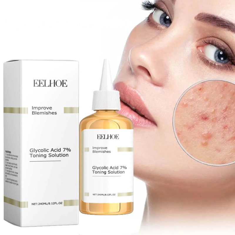 Soluzione tonificante acido glicolico 7% EELHOE, flacone da 240ml, per migliorare imperfezioni cutanee, viso femminile con acne, cura della pelle.
