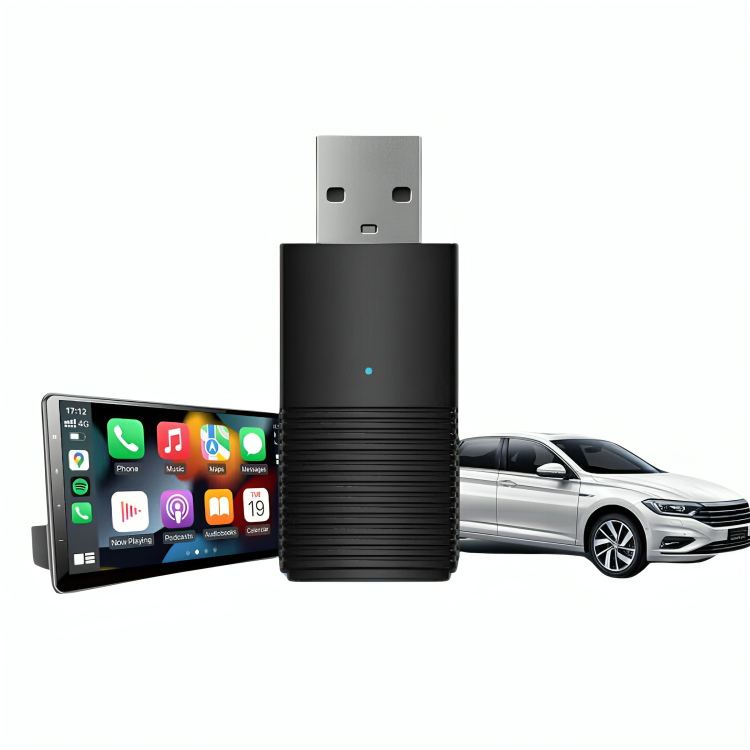 Chiavetta USB nera per auto con schermo touchscreen e auto bianca, accessorio per connettività CarPlay e Android Auto, tecnologia avanzata.