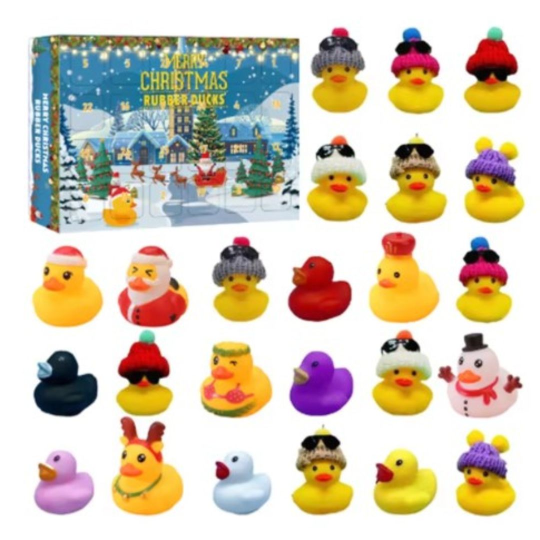 Set di 24 paperelle di gomma natalizie, colorate e decorate con cappelli e accessori festivi. Perfette per regali e decorazioni natalizie.