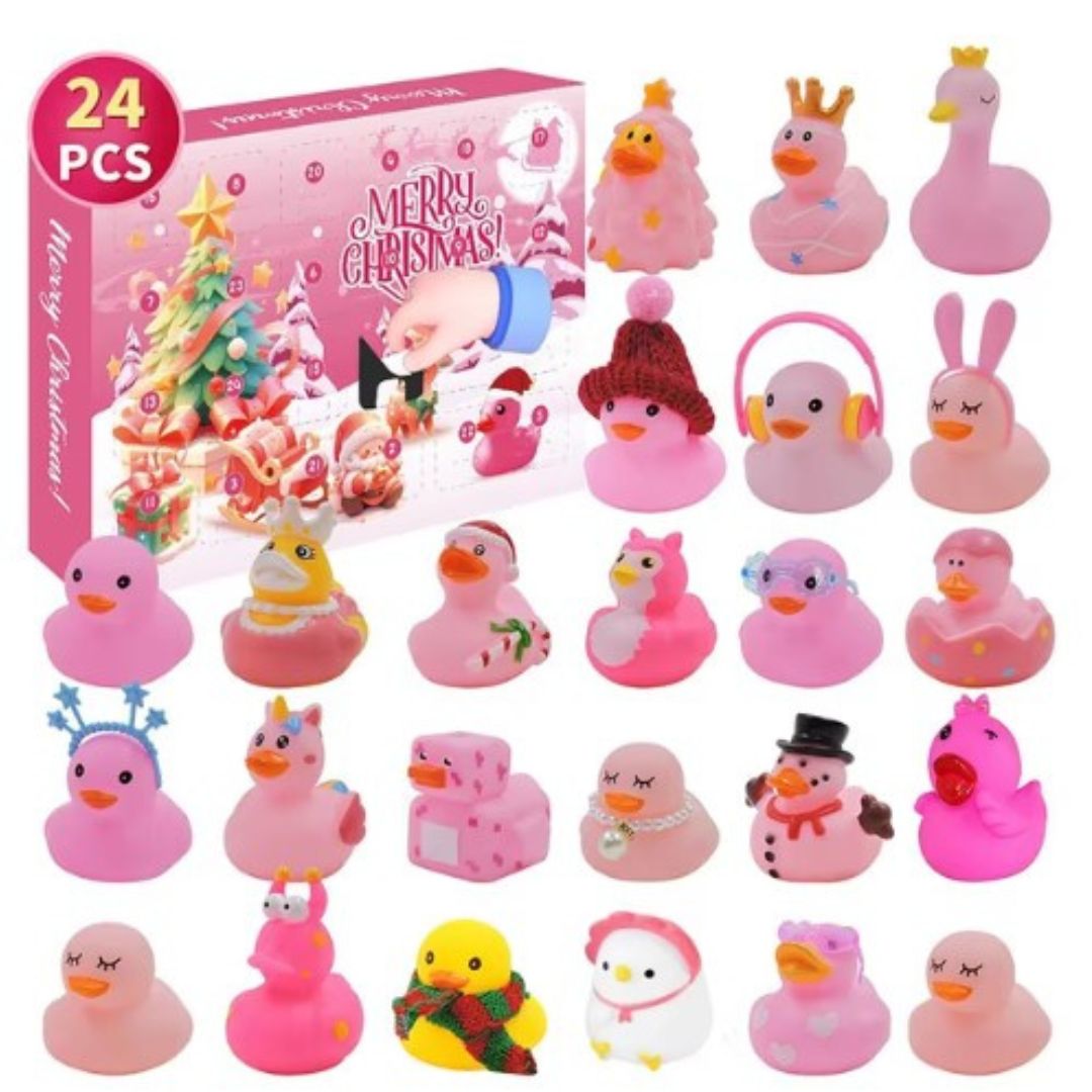 Set di 24 paperelle di gomma rosa natalizie, con vari accessori e temi festivi. Perfette per decorazioni natalizie e regali per bambini.