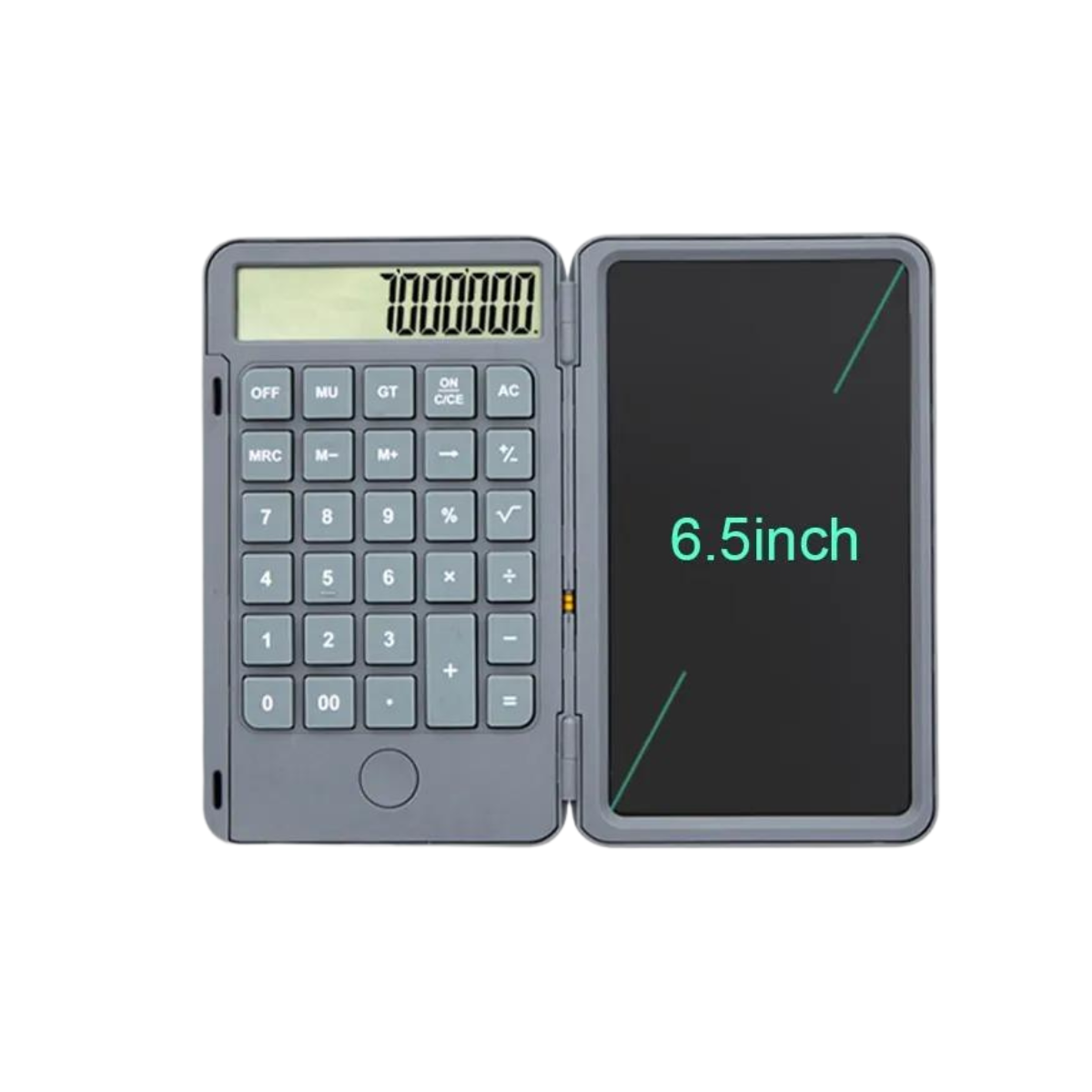 Calcolatrice tascabile grigia con display LCD da 6,5 pollici, design pieghevole, tasti numerici e funzione di spegnimento automatico.