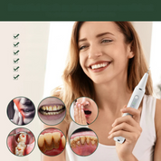 Donna sorridente con dispositivo per pulizia dentale, immagini di problemi dentali risolti. Cura dentale, igiene orale, rimozione placca, gengivite.