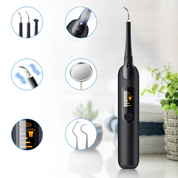 Spazzolino elettrico nero con display LED, funzioni di pulizia dentale avanzate, accessori intercambiabili, design moderno, ideale per igiene orale.