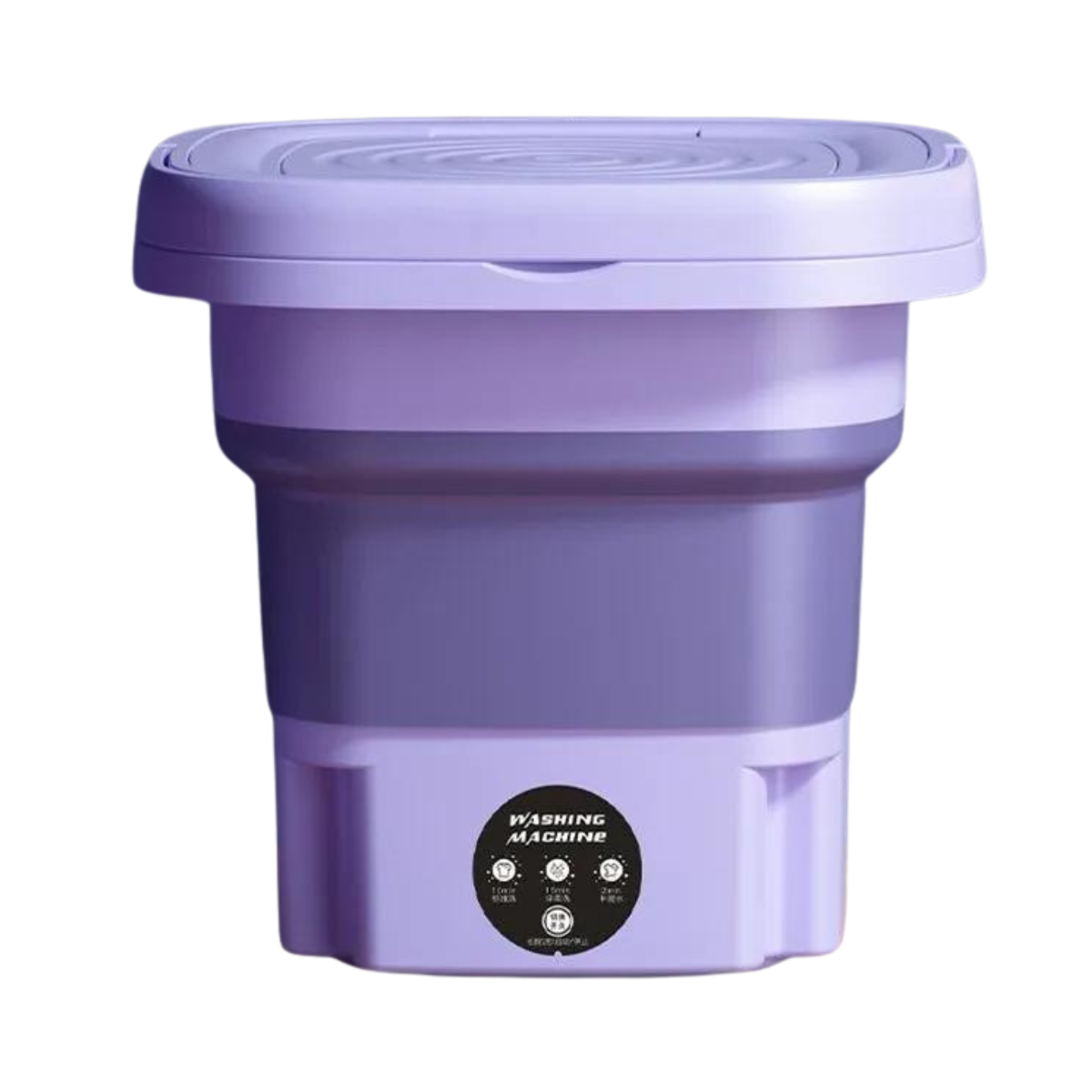 Lavatrice portatile pieghevole viola, compatta e salvaspazio, ideale per piccoli spazi e viaggi. Design moderno, facile da usare e trasportare.