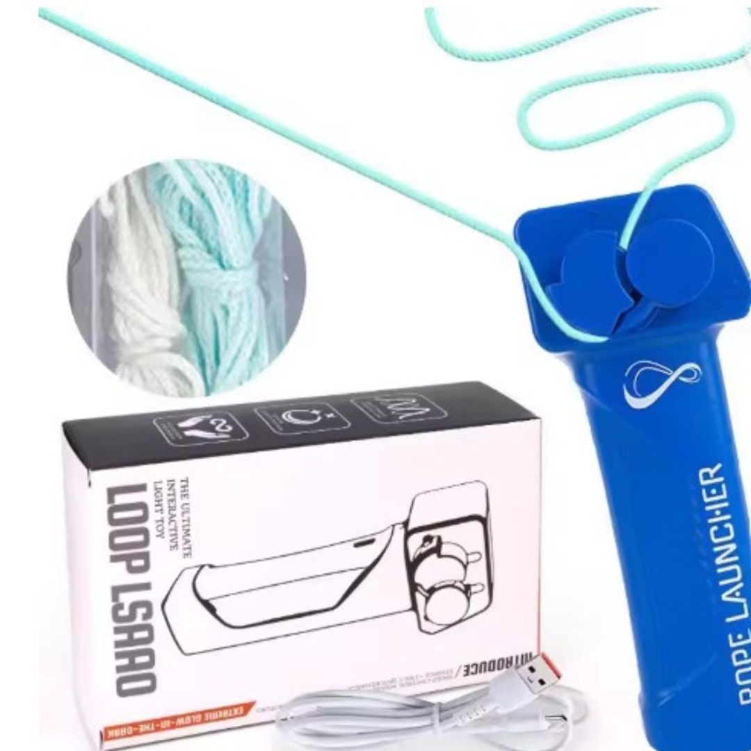 Lancia corda Loop Lasso blu con confezione, cavo USB e corda verde. Giocattolo interattivo per bambini, attività all'aperto, divertimento creativo.