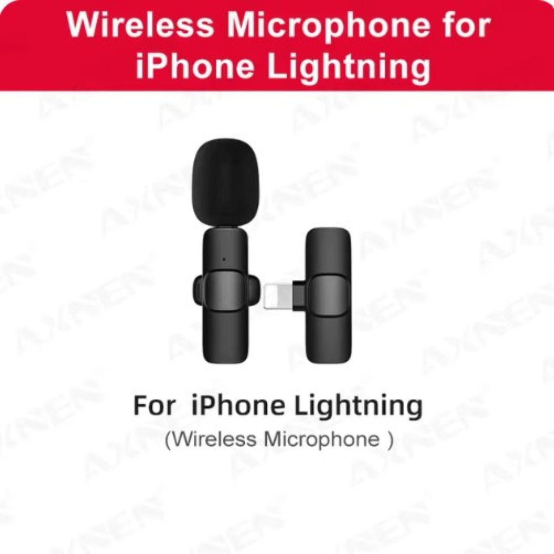Microfono wireless per iPhone Lightning, design compatto e portatile, ideale per registrazioni audio di alta qualità su dispositivi Apple.