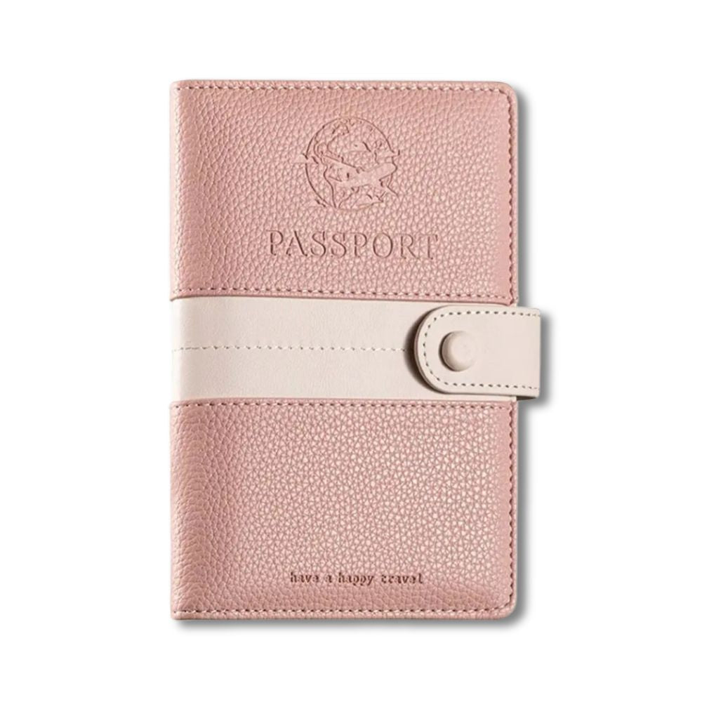 Custodia passaporto rosa in pelle sintetica con chiusura a bottone, design elegante, ideale per viaggi, protezione documenti, accessorio da viaggio.