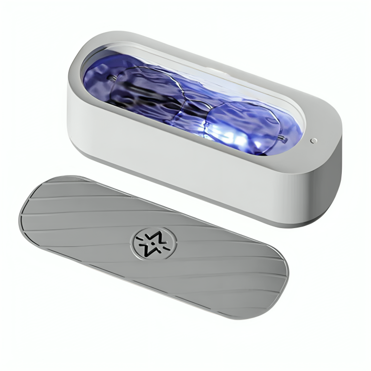 Dispositivo di sterilizzazione UV per occhiali, design moderno, portatile, ideale per igienizzare accessori personali, tecnologia avanzata, bianco.