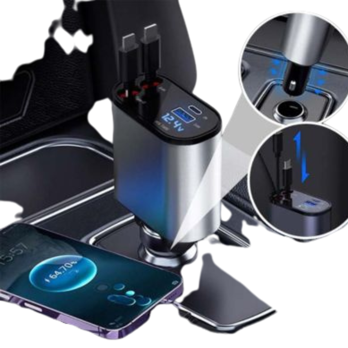 Caricatore USB per auto con display digitale, doppia porta di ricarica rapida, compatibile con smartphone. Design moderno e funzionale.