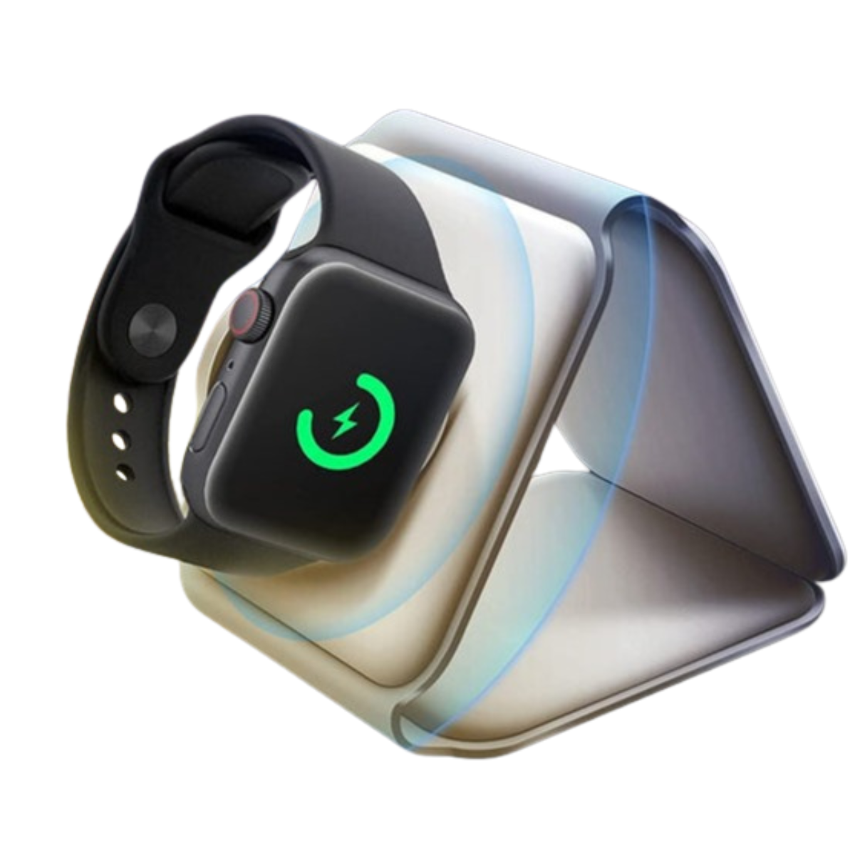 Orologio smart nero in ricarica su supporto wireless triangolare. Tecnologia indossabile, accessori smartwatch, caricatore wireless.