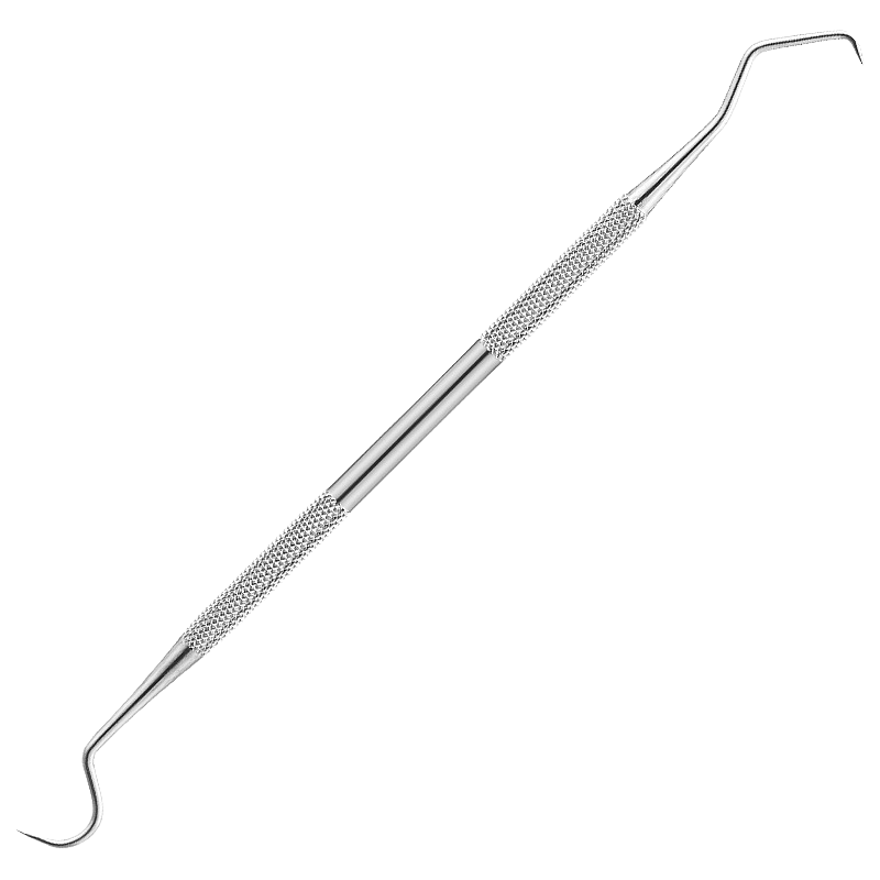 Strumento dentale in acciaio inox, doppia estremità, gancio e sonda, per igiene orale professionale, pulizia denti, rimozione placca.
